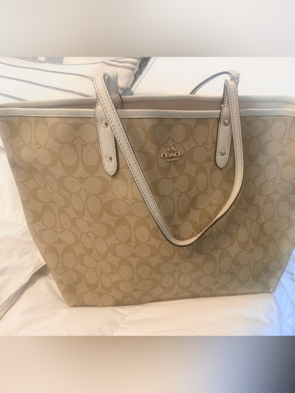 Coach Tan Signature Canvas Tote with Leather Trim